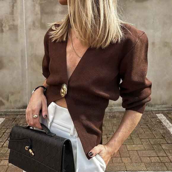 Sweaters - Brown Casual Women's V-Neck Button Long Sleeved Knitted Cardigan Top